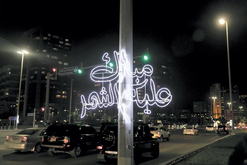 ABU DHABI, UNITED ARAB EMIRATES - May 3 2019.
Ramadan lights decorate Abu Dhabi's corniche street.

(Photo by Reem Mohammed/The National)

Reporter: 
Section: NA