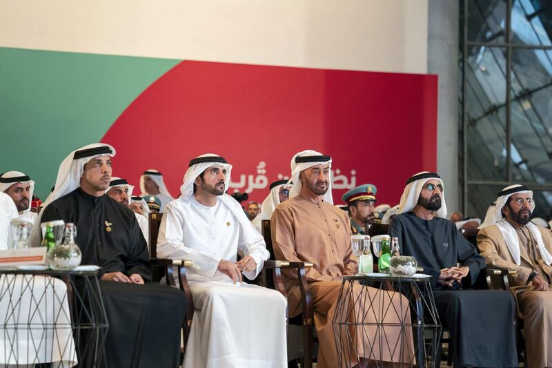 DUBAI, UNITED ARAB EMIRATES - January 29, 2020: HH Sheikh Mohamed bin Zayed Al Nahyan, Crown Prince of Abu Dhabi and Deputy Supreme Commander of the UAE Armed Forces (C) and HH Sheikh Mohamed bin Rashid Al Maktoum, Vice-President, Prime Minister of the UAE, Ruler of Dubai and Minister of Defence (4th L), witness the announcement of the fifth edition of Aqdar World Summit hosted by EXPO 2020 Dubai. Seen with HH Sheikh Mansour bin Zayed Al Nahyan, UAE Deputy Prime Minister and Minister of Presidential Affairs (L), HH Sheikh Hamdan bin Mohamed Al Maktoum, Crown Prince of Dubai (2nd L) and HH Sheikh Tahnoon bin Mohamed Al Nahyan, Ruler's Representative in Al Ain Region (R).

( Mohamed Al Hammadi / Ministry of Presidential Affairs )
---