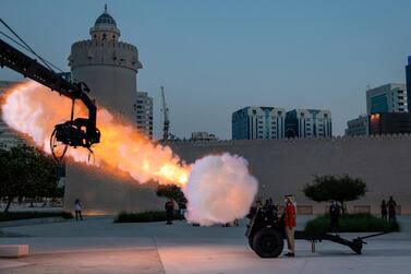 Abu Dhabi, United Arab Emirates, April 20, 2021. Abu Dhabi’s oldest standing building, Qasr al Hosn, performs the tradition canon firing to mark the beginning of iftar. Victor Besa/The National Section: NA/Standalone/Big Picture