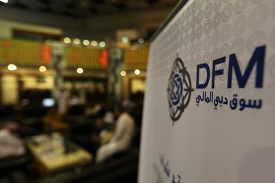 DUBAI , UNITED ARAB EMIRATES Ð June 01 , 2014 : Signage of DFM at the Dubai Financial Market at Trade Centre in Dubai. ( Pawan Singh / The National ) For Business