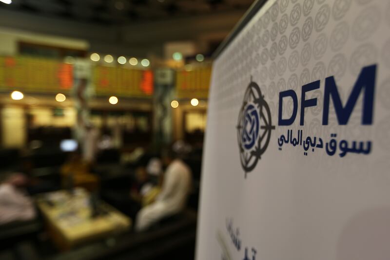 DUBAI , UNITED ARAB EMIRATES Ð June 01 , 2014 : Signage of DFM at the Dubai Financial Market at Trade Centre in Dubai. ( Pawan Singh / The National ) For Business