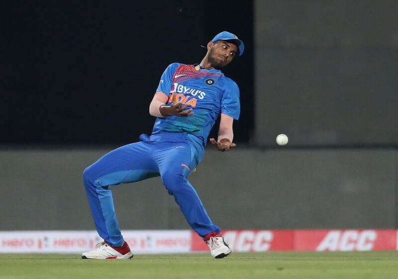 India's Washington Sundar drops a catch off Lendl Simmons during the second Twenty20 international. AP
