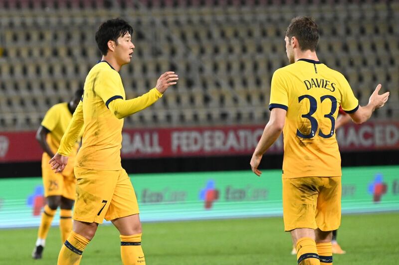 Son Heung-min of Tottenham celebrates with his team mates after scoring against Shkendija. EPA