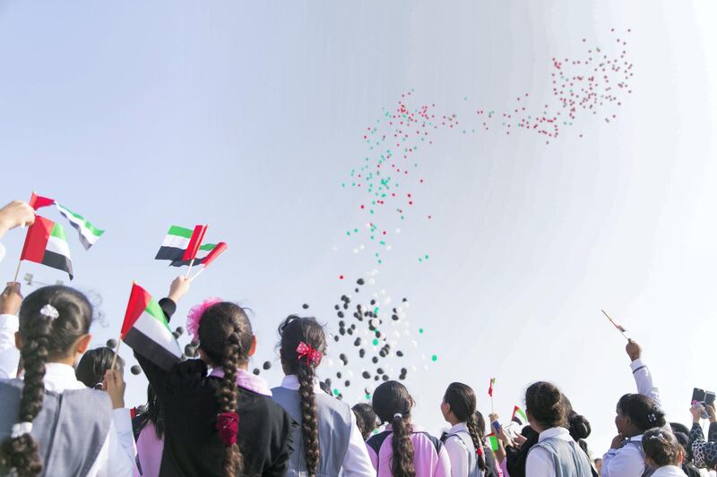 FUJAIRAH, UNITED ARAB EMIRATES - NOV 28:

Balloons with the colors of the UAE flag fly up Fujairah skies.

Al Fujairah began it's UAE National Day celebrations with a national parade.

(Photo by Reem Mohammed/The National)

Reporter:  Ruba Haza
Section: NA