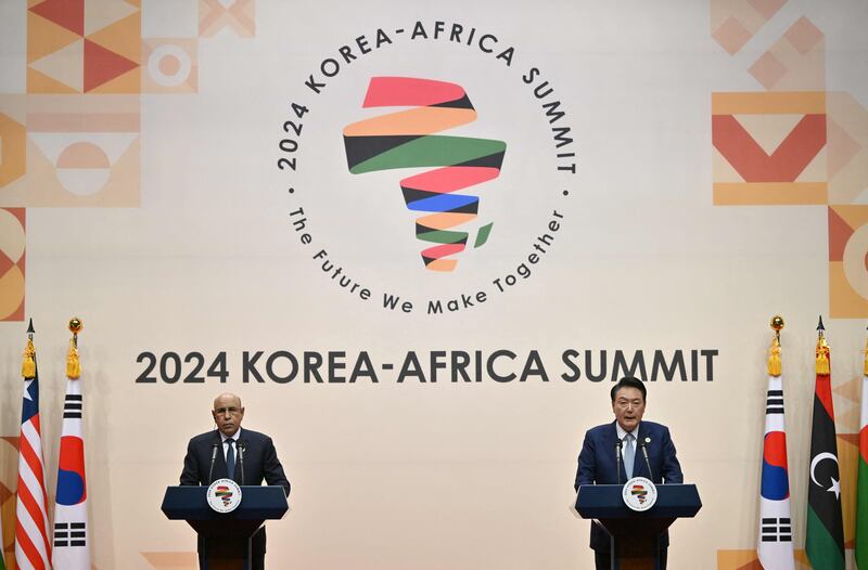 Mauritanian President Mohamed Ould Ghazouani, acting chairman of the African Union, and South Korean President Yoon Suk Yeol during the 2024 Korea-Africa Summit in Goyang.  AFP