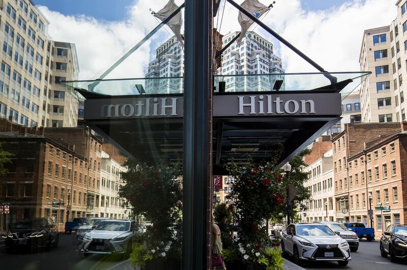 The Hilton Boston Downtown/Faneuil Hall hotel stands in Boston, Massachusetts, U.S., on Sunday, July 21. 2019. Hilton Worldwide Holdings Inc. is scheduled to release earnings figures on July 24. Photographer: Adam Glanzman/Bloomberg