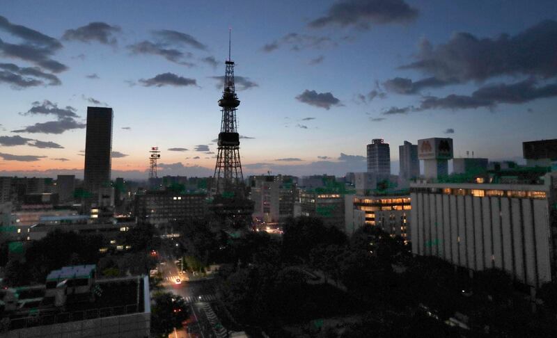 Sapporo TV Tower, center, and other buildings lose power after an earthquake in Sapporo, northern Japan, Thursday, Sept. 6, 2018. A powerful earthquake hit wide areas on Japanâ€™s northernmost main island of Hokkaido early Thursday, triggering landslides as well as causing the loss of power. (Masanori Takei/Kyodo News via AP)