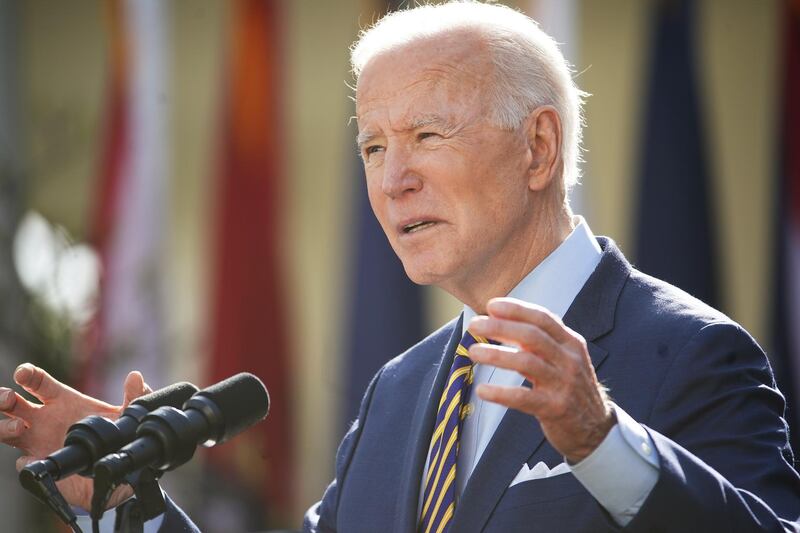 U.S. President Joe Biden speaks during an event in the Rose Garden of the White House in Washington, D.C., U.S., on Friday, March 12, 2021. Biden offered a Fourth of July goal for the U.S. to begin returning to normal as "light in the darkness" to a weary nation on Thursday, counting on a rapidly expanding supply of coronavirus vaccine to raise American hopes. Photographer: Jim Lo Scalzo/EPA/Bloomberg