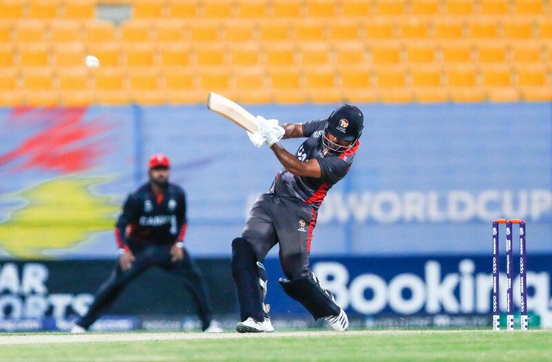 Abu Dhabi, United Arab Emirates, October 27, 2019.  
T20 UAE v Canada-AUH-
Mohammad Usman of the UAE plays a shot.
Victor Besa/The National
Section:  SP
Reporter:  Paul Radley