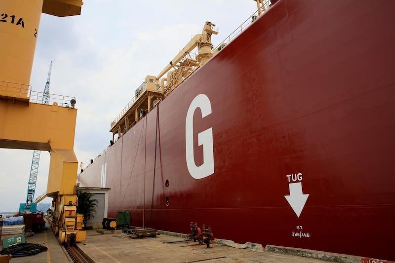 FILE PHOTO: A South Korean-owned LNG tanker vessel is seen at Sembawabg shipyard in Singapore  July 20, 2017. REUTERS/Staff/File Photo