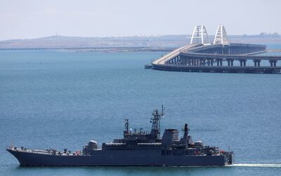 A Russian Navy amphibious landing ship that was deployed to transport cars across the Kerch bridge that links Crimea to Russia, after a section of it was damaged in an explosion on Monday. Reuters