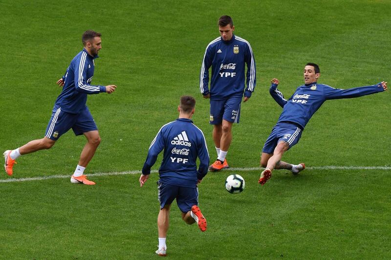 From left: German Pezzela, Giovani Lo Celso and Angel Di Maria take part in a training session in Sao Paulo. AFP