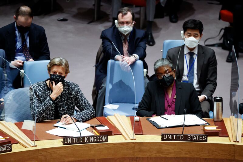 Britain's ambassador Barbara Woodward, left, and US envoy Linda Thomas-Greenfield at the emergency meeting of the UN Security Council on the situation between Ukraine and Russia, in New York. EPA