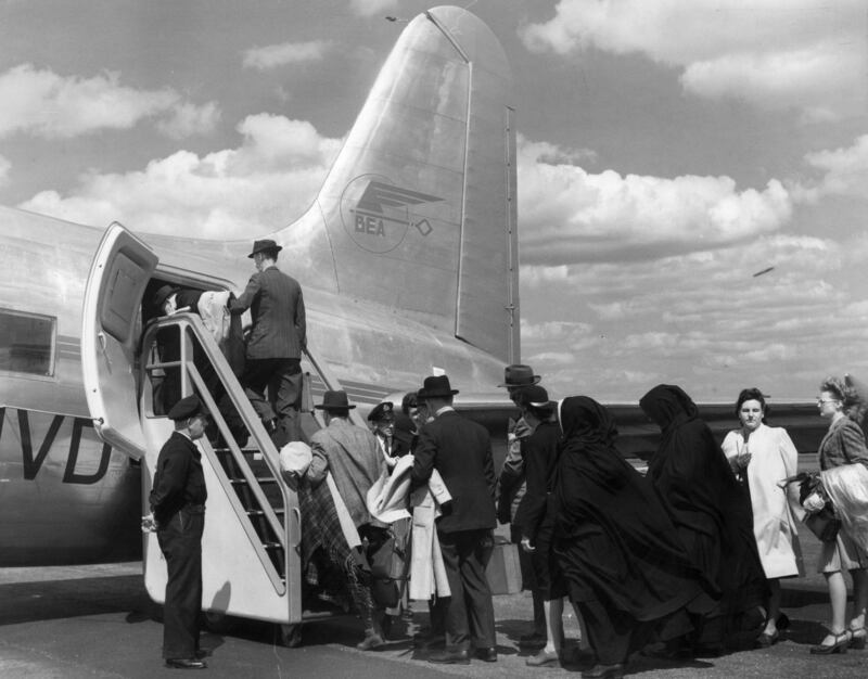 Passengers queuing to board a British European Airways Vickers Viking aircraft in 1950