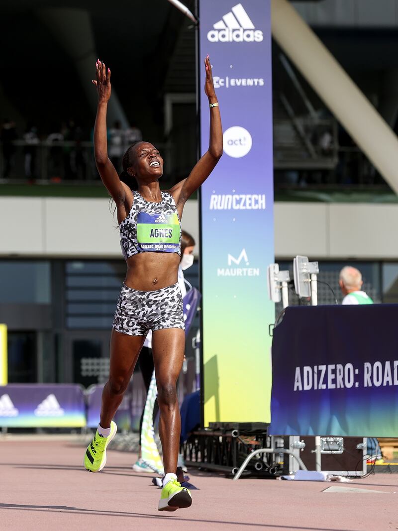 Agnes Tirop of Kenya wins the ADIZERO: ROAD TO RECORDS Women's 10km in 30:01 at adidas HQ on September 12, 2021 in Herzogenaurach, Germany. Getty Images