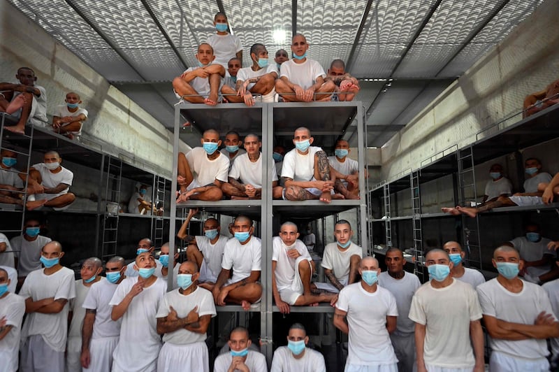 Inmates at the Counter-Terrorism Confinement Centre mega-prison in Tecoluca, El Salvador, where MS-13 and 18 Street gang members are held. AFP