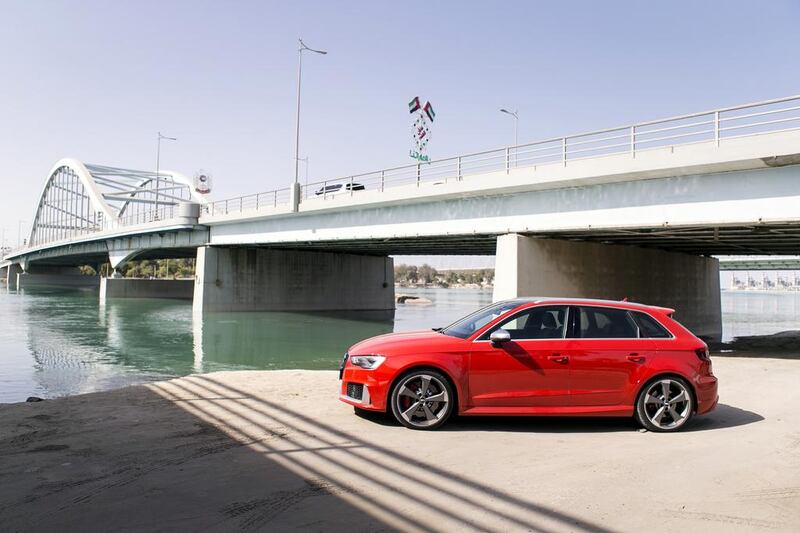 The Audi RS 3 in Abu Dhabi. Its 2.5L, five-­cylinder engine generates 367hp, while the car also has a Launch Control feature for super-speedy getaways from a standing start. Reem Mohammed / The National