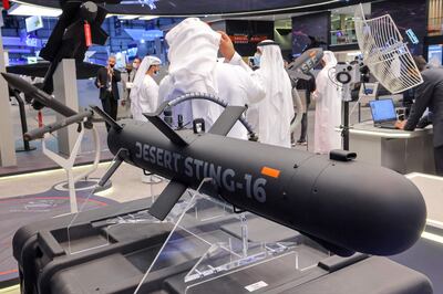 Desert Sting DS-16 precision-guided glide weapon by Halcon on display at the Dubai Airshow. AFP
