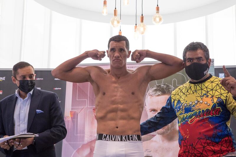 Dubai, United Arab Emirates -Heber Rendon (Venezuela) at  weigh-in for his bout with Kulahkmet Tursynbay (Kazakstan)  at Leva Hotel, Sheikh Zayed Road.  Leslie Pableo for The National for Amith Pasella's story