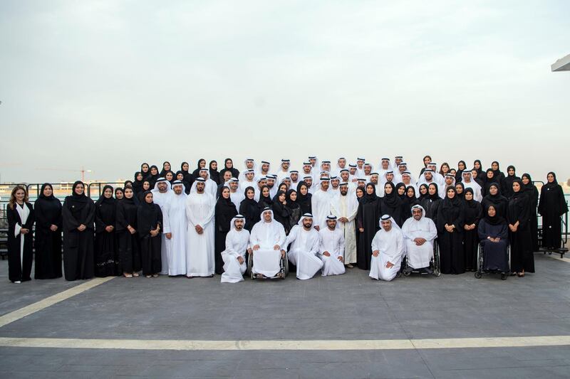 ABU DHABI, UNITED ARAB EMIRATES - January 07, 2019: HH Sheikh Mohamed bin Zayed Al Nahyan, Crown Prince of Abu Dhabi and Deputy Supreme Commander of the UAE Armed Forces (2nd row 15th L), stands for a photograph with members of the Host Town committees of the Special Olympics World Games Abu Dhabi 2019, at the Sea Palace barza. Seen with HH Sheikh Tahnoon bin Mohamed Al Nahyan, Ruler's Representative in Al Ain Region (2nd row 16th L) and HE Saif Ghobash, Director General of Abu Dhabi Tourism and Culture Authority (front row 3rd L).
( Saeed Al Neyadi / Ministry of Presidential Affairs )
---