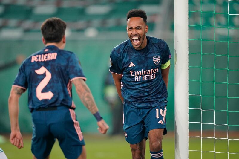 Arsenal's Pierre-Emerick Aubameyang celebrates after scoring the winning goal at Rapid Vienna in their Europa League Group B match on Thursday, October 22. Getty