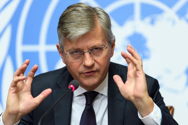 Jean-Pierre Lacroix, UN Under-Secretary-General for Peacekeeping Operations, speaks during a press conference at the European headquarters of the United Nations in Geneva, Switzerland, Friday, Sept. 8, 2017. (Martial Trezzini/Keystone via AP)