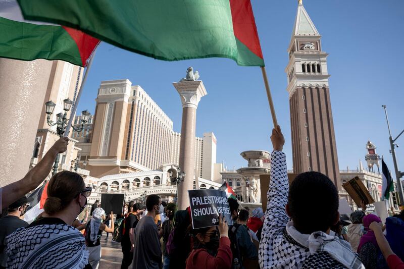 Pro-Palestine protesters rally outside The Venetian Hotel and Casino along the Strip in Las Vegas, Nevada. AFP
