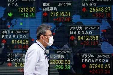 A pedestrian walks past a stock markets indicator board in Tokyo, Japan.  The country's Government Pension Investment Fund posted a record loss in the first three months of 2020. EPA