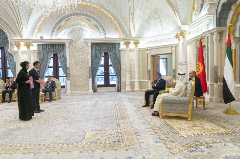 ABU DHABI, UNITED ARAB EMIRATES -December 12, 2019: HH Sheikh Mohamed bin Zayed Al Nahyan, Crown Prince of Abu Dhabi and Deputy Supreme Commander of the UAE Armed Forces (R) and HE Sooronbay Sharipovich Jeenbekov, President of Kyrgyzstan (3rd R), witness an MOU exchange ceremony, during an official visit at Qasr Al Watan. Seen exchanging HE Noura Mohamed Al Kaabi, UAE Minister of Culture and Knowledge Development (L) and HE Azamat Zhamankulov, Minister of Culture, Information and Tourism of Kyrgyzstan (2nd L).

( Rashed Al Mansoori / Ministry of Presidential Affairs )
---