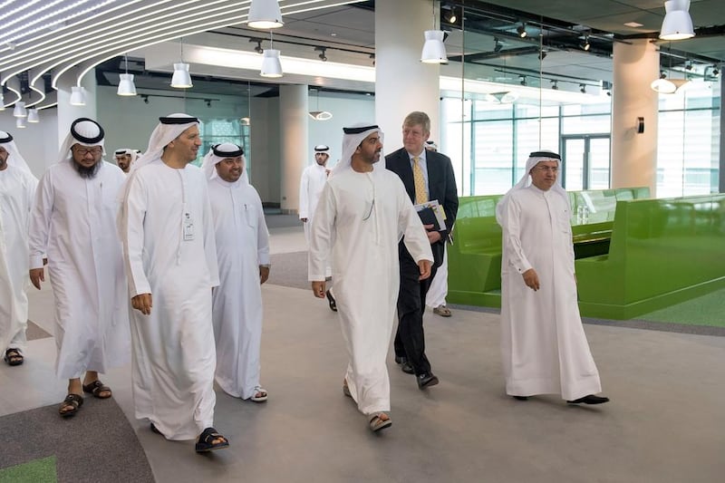 Sheikh Hamed tours the new campus at Khalifa University. With him are Dr Arif Al Hammadi, Executive Vice President of Khalifa University, second left, and Dr Tod Laursen President of Khalifa University of Science Technology and Research, second right.