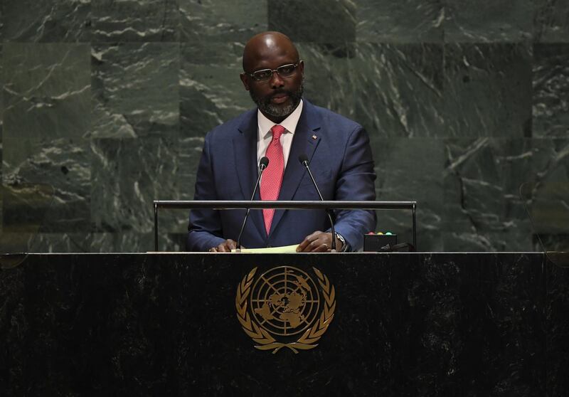 George Weah, President of Liberia speaks during the 74th Session of the General Assembly at the United Nations headquarters in New York on September 25, 2019. (Photo by TIMOTHY A. CLARY / AFP)