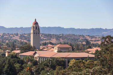 PALO ALTO, CA - OCTOBER 2:  A general view of the campus of Stanford University including Hoover Tower as seen from Stanford Stadium before a college football game against the Oregon Ducks on October 2, 2021  in Palo Alto, California.  (Photo by David Madison/Getty Images)