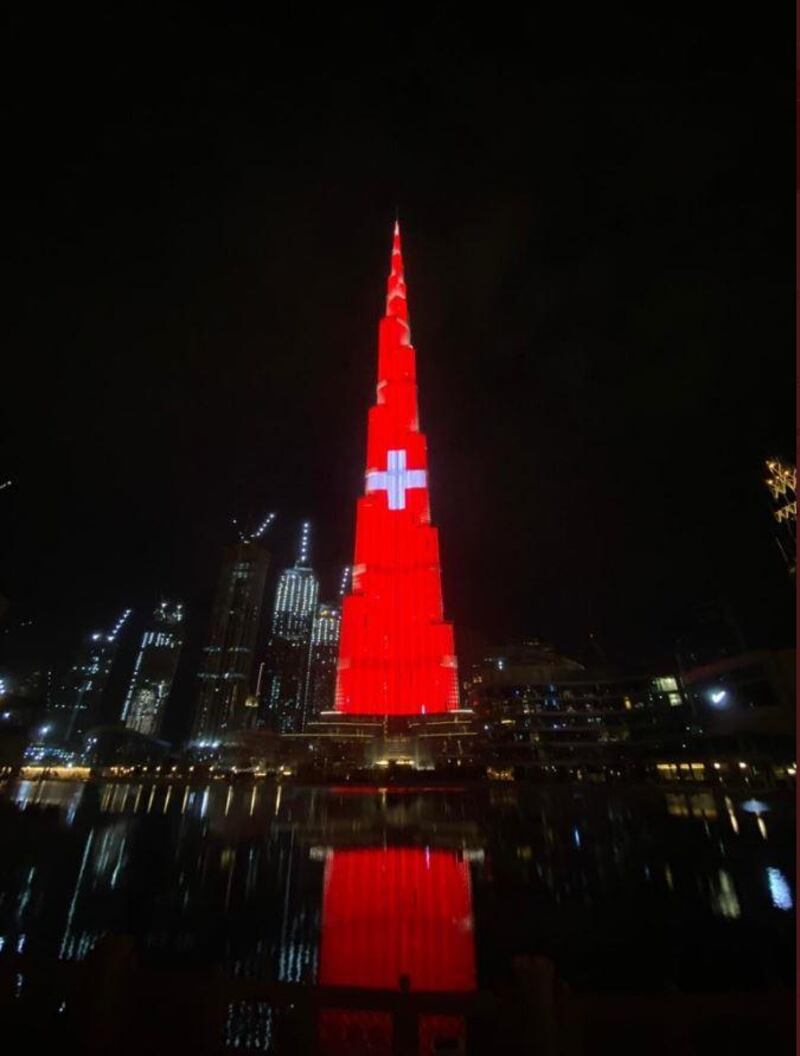 Burj Khalifa was lit up on Sunday night in the colours of the Swiss flag. Courtesy: Dubai Media Office