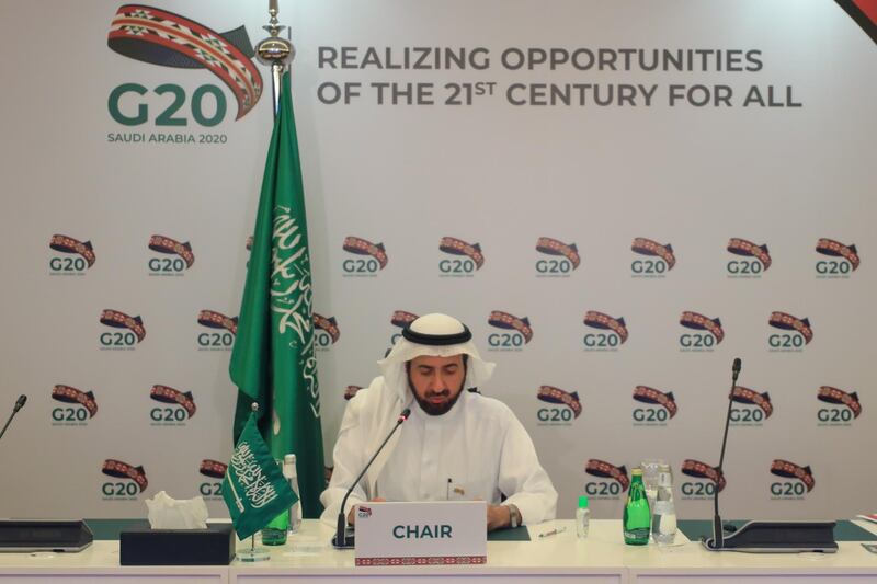 A handout picture provided by the G20 Media on April 19, 2020 shows Saudi Health Minister Tawfiq al-Rabia chairing a virtual meeting on COVID-19 with the G20 Health Ministers. With the global economy plunged into the worst recession in a century, the Group of 20 nations on Wednesday announced a one-year debt standstill for the world's poorest nations as they struggle to deal with the coronavirus pandemic. The G20, which brings together the world's largest economies, also reiterated the pledge to deploy "all available policy tools" to deal with the health and economic crisis caused by COVID-19. -  RESTRICTED TO EDITORIAL USE - MANDATORY CREDIT "AFP PHOTO/ HANDOUT/G20 MEDIA" - NO MARKETING - NO ADVERTISING CAMPAIGNS - DISTRIBUTED AS A SERVICE TO CLIENTS
 / AFP / G20MEDIA / - /  RESTRICTED TO EDITORIAL USE - MANDATORY CREDIT "AFP PHOTO/ HANDOUT/G20 MEDIA" - NO MARKETING - NO ADVERTISING CAMPAIGNS - DISTRIBUTED AS A SERVICE TO CLIENTS
