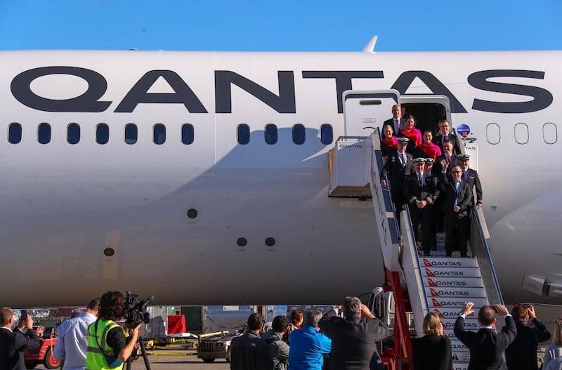 The crew exit the Qantas Boeing 787 Dreamliner plane after arriving at Sydney International Airport. AFP