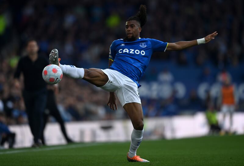 Alex Iwobi controls the ball during the Premier League match between Everton and Brentford. Getty