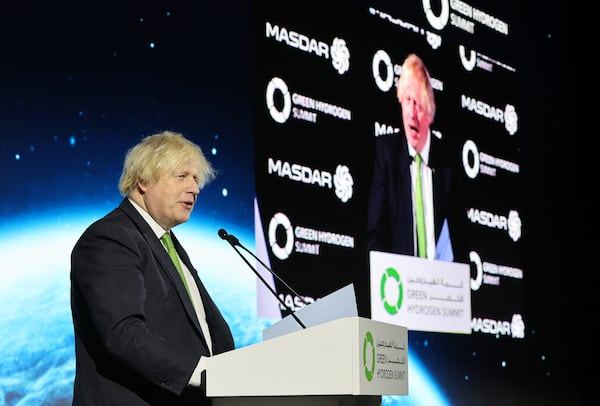 Former British prime minister Boris Johnson addressing the Green Hydrogen Summit as part of the World Future Energy Summit 2024 in Abu Dhabi yesterday. EPA