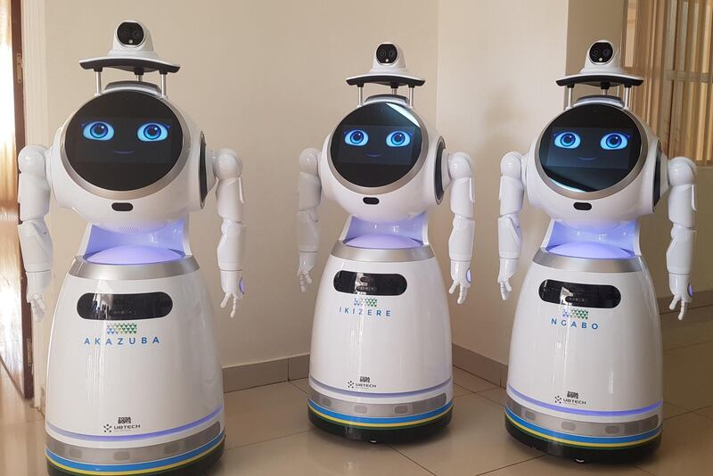 Robots developed by the Belgian company Zorabots stand by for a demonstration at Rwanda's Kanyinya treatment centre for Covid-19 patients in Kigali on May 29, 2020. Reuters