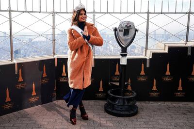 Miss Universe 2021 Harnaaz Sandhu on the observation level of the Empire State Building in New York City. Reuters