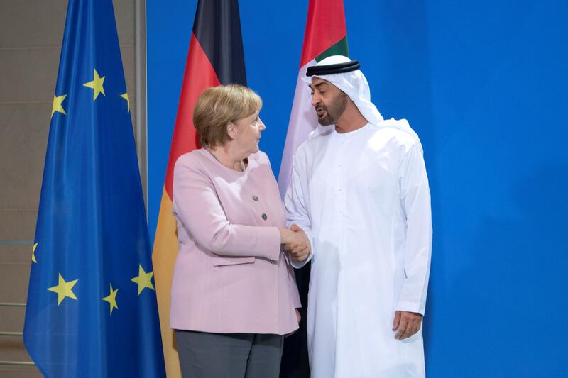 BERLIN, GERMANY - June 12, 2019: HH Sheikh Mohamed bin Zayed Al Nahyan, Crown Prince of Abu Dhabi and Deputy Supreme Commander of the UAE Armed Forces (R), stands for a photograph with HE Angela Merkel, Chancellor of Germany (L), after delivering a joint speech prior to a dinner reception at the Chancellor's Office in Berlin, Germany.

( Mohamed Al Hammadi / Ministry of Presidential Affairs )
---