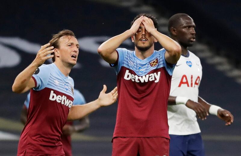 Soccer Football - Premier League - Tottenham Hotspur v West Ham United - Tottenham Hotspur Stadium, London, Britain - June 23, 2020 West Ham United's Pablo Fornals and Mark Noble react after missing a chance to score, as play resumes behind closed doors following the outbreak of the coronavirus disease (COVID-19) Kirsty Wigglesworth/Pool via REUTERS  EDITORIAL USE ONLY. No use with unauthorized audio, video, data, fixture lists, club/league logos or "live" services. Online in-match use limited to 75 images, no video emulation. No use in betting, games or single club/league/player publications.  Please contact your account representative for further details.