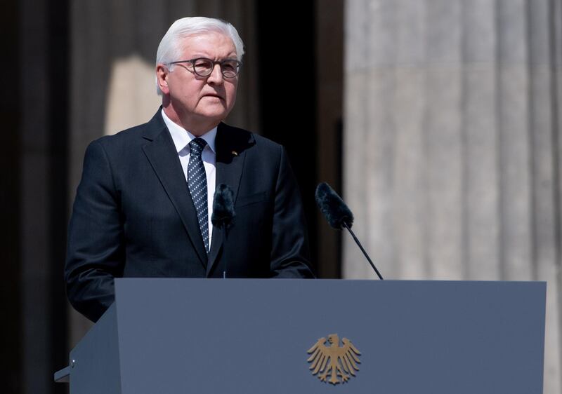 epa08409561 German President Frank-Walter Steinmeier speaks after the wreath laying ceremony to mark the 75th anniversary of the end of World War Two, at the Neue Wache Memorial in Berlin, Germany, 08 May 2020. Countries in Europe are commemorating the Victory in Europe Day, known as VE Day that celebrates Nazi Germany's unconditional surrender during World World II on 08 May 1945.  EPA/FILIP SINGER / POOL