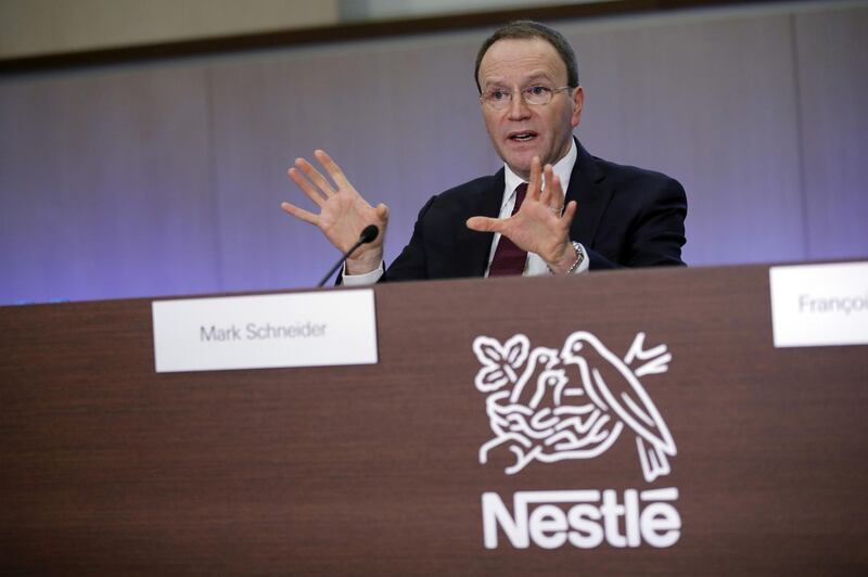 Mark Schneider, chief executive officer of Nestle SA, gestures as he speaks during a news conference announcing the company's full year results in Vevey, Switzerland, on Thursday, Feb. 14, 2019. Nestle put its ailing Herta lunch-meat business up for sale as Schneider tries to spark faster sales growth by transforming the world’s largest food company through acquisitions and divestments. Photographer: Stefan Wermuth/Bloomberg