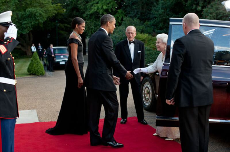 Mr and Mrs Obama receive the queen and Prince Philip, Duke of Edinburgh, prior to a dinner in the queen's honour at Winfield House in London. Photo: US National Archives