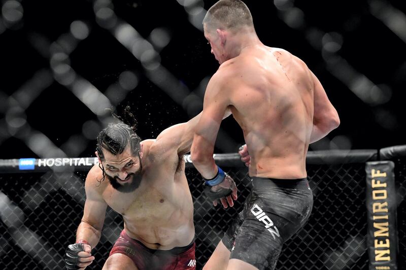 NEW YORK, NEW YORK - NOVEMBER 02: Nate Diaz of the United States (R) fights against Jorge Masvidal of the United States in the Welterweight "BMF" championship bout during UFC 244 at Madison Square Garden on November 02, 2019 in New York City. (Photo by Steven Ryan/Getty Images)