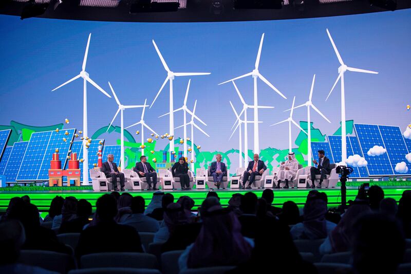 Left to right: Bill Winters, chief executive officer of Standard Chartered, Lorenzo Simonelli, chief executive officer of Baker Hughes, Jennifer Holmgren, chief executive officer of Lanzatech NZ, Matthew Harris, founding partner of Global Infrastructure Partners, Henrik Andersen, chief executive officer of Vestas Wind Systems A/S, Abdulaziz bin Salman, the kingdom's Minister of Energy, and Yousef Gamal El-Din, Bloomberg Television anchor, at the 'Science in Action' panel session at the Future Investment Initiative conference in Riyadh. Bloomberg