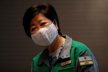 Tokyo Governor Yuriko Koike wears a protective face mask during a press preview in Tokyo, Japan May 1, 2020. Reuters