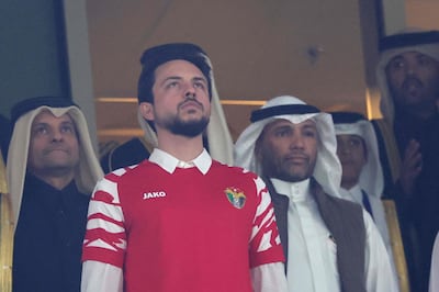 Crown Prince Hussein watches the Asian Cup final between Jordan and Qatar at the Lusail Stadium in Doha. AFP 