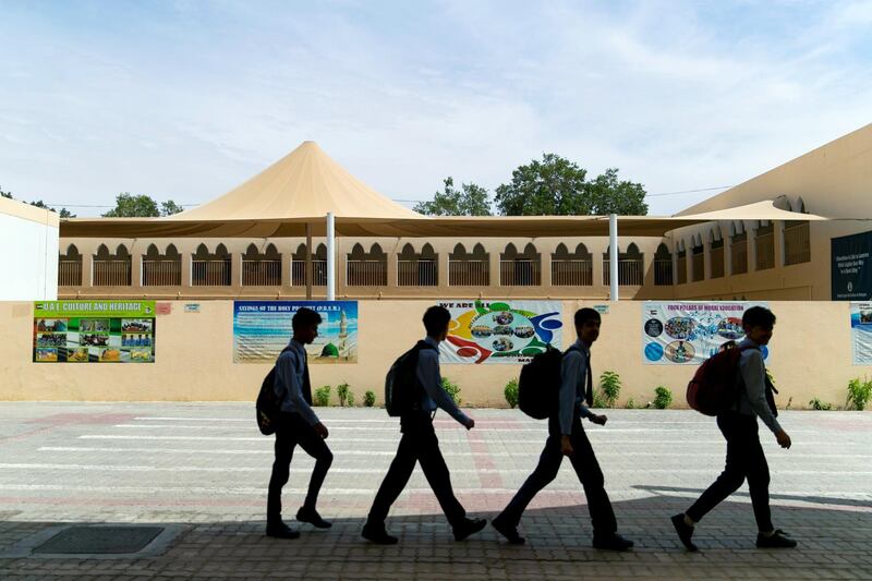 DUBAI, UNITED ARAB EMIRATES - April 10 2019.

Students of Shaikh Rashid Al Maktoum Pakistani School leaving for home.

(Photo by Reem Mohammed/The National)

Reporter: Anam Rizvi
Section: NA