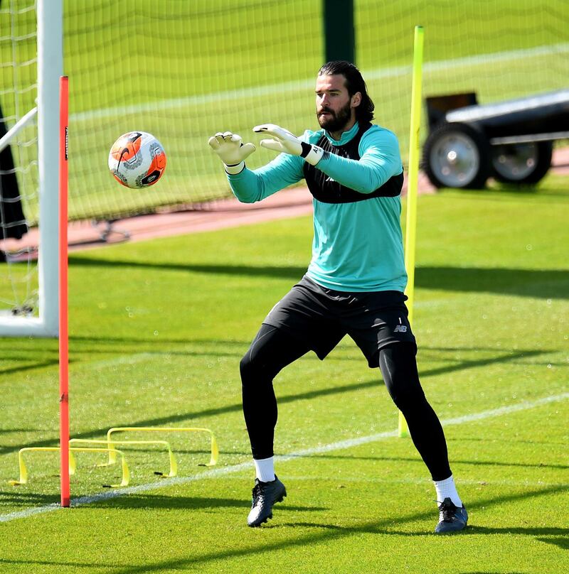 LIVERPOOL, ENGLAND - MAY 24: (THE SUN OUT, THE SUN ON SUNDAY OUT) Alisson Becker of Liverpool during a training session at Melwood Training Ground on May 24, 2020 in Liverpool, England. (Photo by Andrew Powell/Liverpool FC via Getty Images)